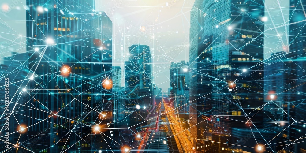 A vibrant cityscape at dusk showcasing modern skyscrapers interconnected by a glowing digital network, symbolizing technology and connectivity. A vibrant cityscape at dusk showcasing modern skyscrapers interconnected by a glowing digital network, symbolizing technology and connectivity.