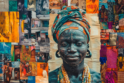 
collage of Nigeria, a blend of tradition and modernity, Lagos skyline, Nollywood film posters, traditional Yoruba masks, a Fulani herder with cattle, and colorful market scenes filled with fabrics photo