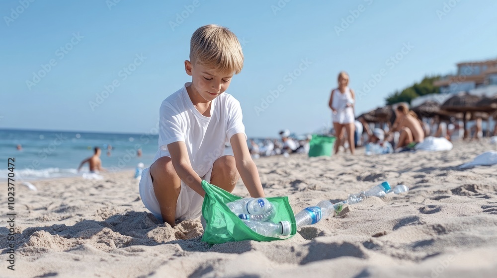 A boy wearing a green jacket diligently picks up litter from the beach, surrounded by others participating in a community cleanup to enhance environmental efforts and protect marine life A boy wearing a green jacket diligently picks up litter from the beach, surrounded by others participating in a community cleanup to enhance environmental efforts and protect marine life