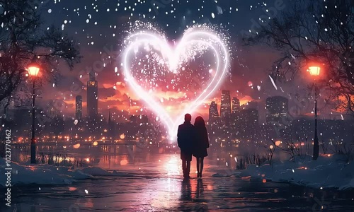 Romantic Couple Walking in Snowy Street with Heart Lights， feelings of love and serenity amidst gentle snowfall.