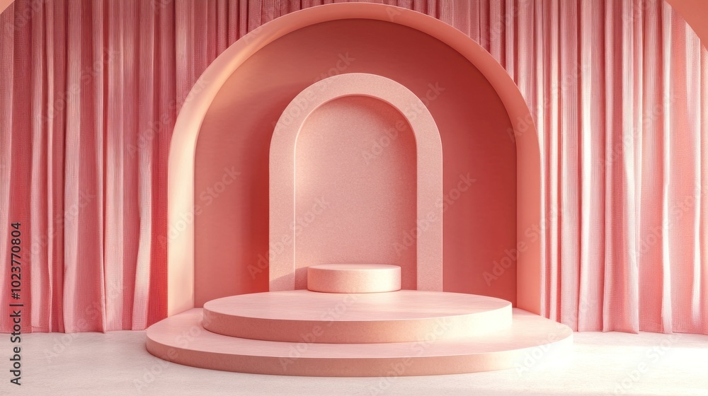 A pink podium with three levels and a pink archway behind it is set against a backdrop of pink curtains. A pink podium with three levels and a pink archway behind it is set against a backdrop of pink curtains.