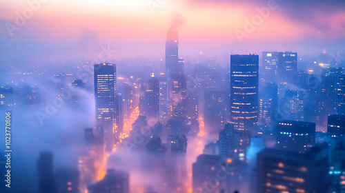 A fog-covered cityscape with distant skyscrapers fading into the mist 