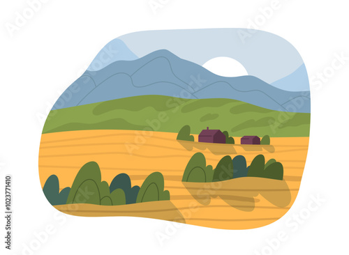 Summer Landscape. Beautiful agricultural panorama with farm wheat fields, hills and village houses. Countryside or rural scenery. Flat vector illustration isolated on white background