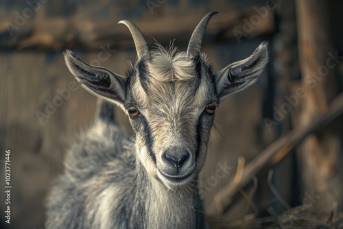 African pygmy goat portrait in natural farm setting. photo