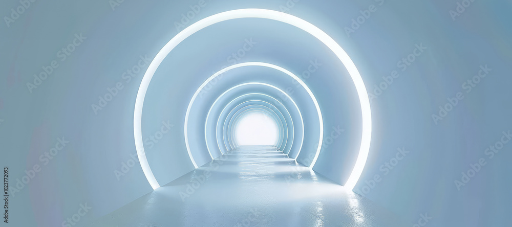 Obraz premium Empty white tunnel, futuristic 3d rendering style abstract corridor. Futuristic empty floor and wall background technology interior concept.