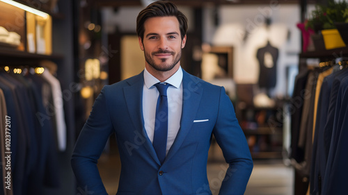 A stylish man models a tailored suit in a chic boutique at twilight