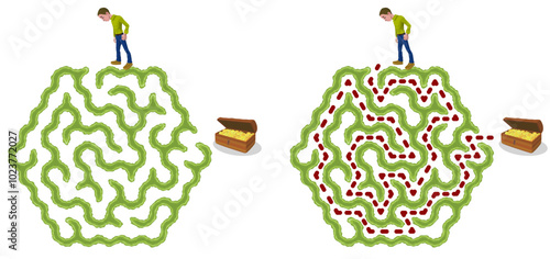 Try to find chest with golden coins inside green hedge maze vector Illustration. Top view of the open air hexagonal labyrinth made of garden bushes and grass. Easy difficulty level
