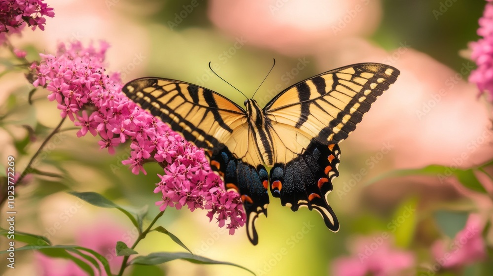 A vibrant butterfly perched on pink flowers in a garden setting. A vibrant butterfly perched on pink flowers in a garden setting.