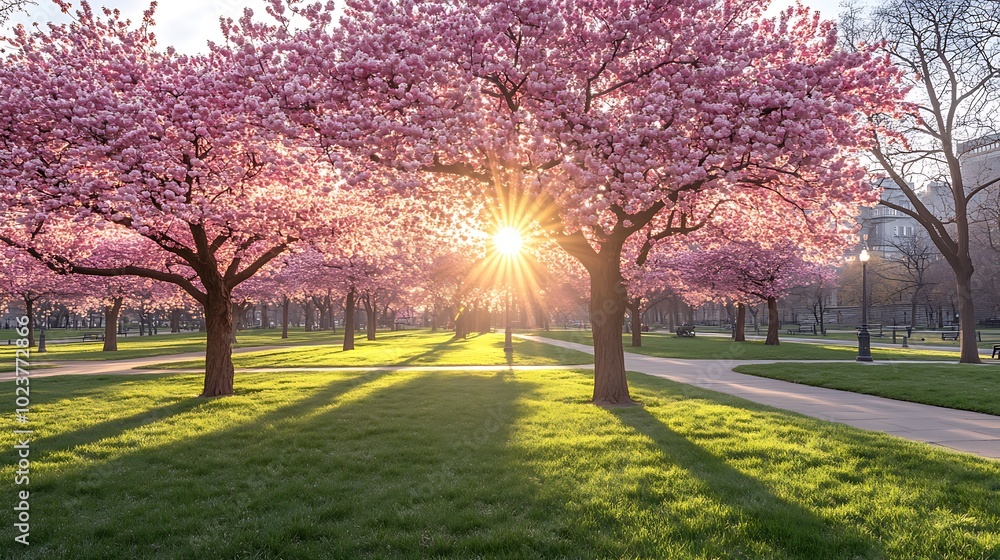 Sun shining through a grove of blooming cherry trees in a park. Sun shining through a grove of blooming cherry trees in a park.
