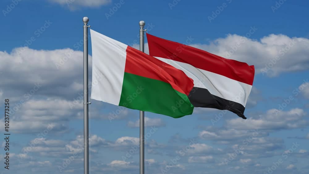 Yemen and Madagascar flags flying together, video concept of the relationship, two country cooperation concept Yemen and Madagascar flags flying together, video concept of the relationship, two country cooperation concept