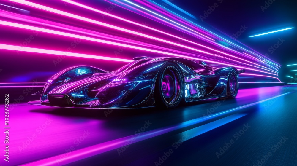 A futuristic concept car speeding along a neon-lit highway at night. A futuristic concept car speeding along a neon-lit highway at night.