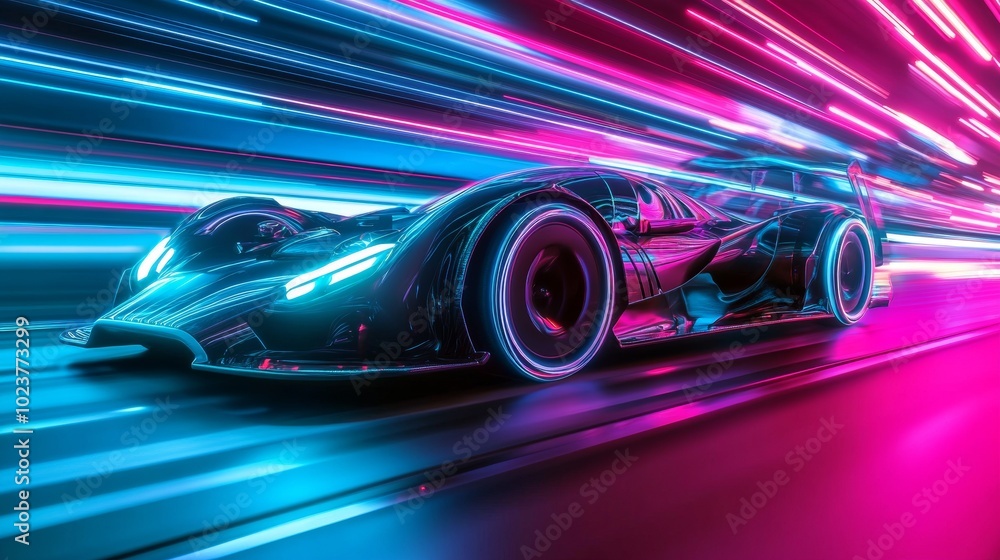 A futuristic concept car speeding along a neon-lit highway at night. A futuristic concept car speeding along a neon-lit highway at night.