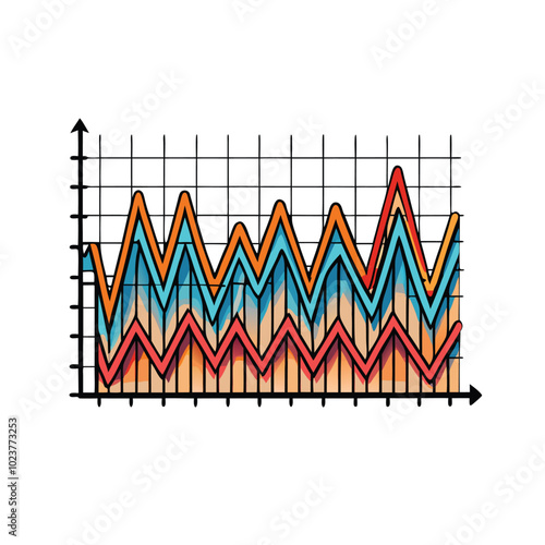 Vector art of a time series graph with multiple lines, showcasing data fluctuations over time.