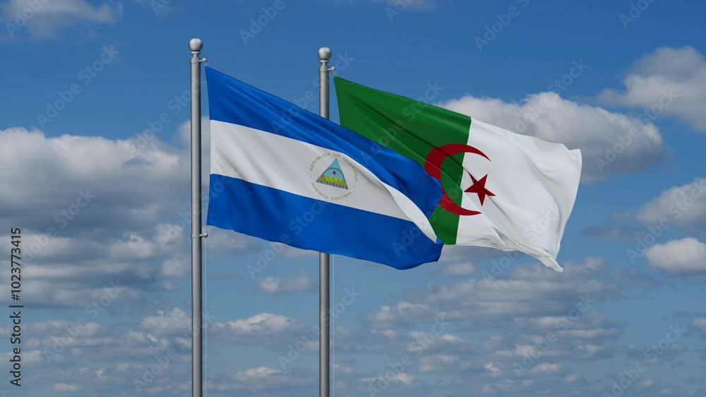 Algeria and Nicaragua flags flying together, video concept of the relationship, two country relations concept Algeria and Nicaragua flags flying together, video concept of the relationship, two country relations concept