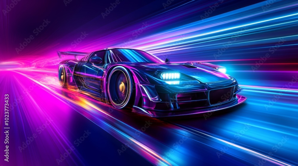 A futuristic concept car speeding along a neon-lit highway at night. A futuristic concept car speeding along a neon-lit highway at night.