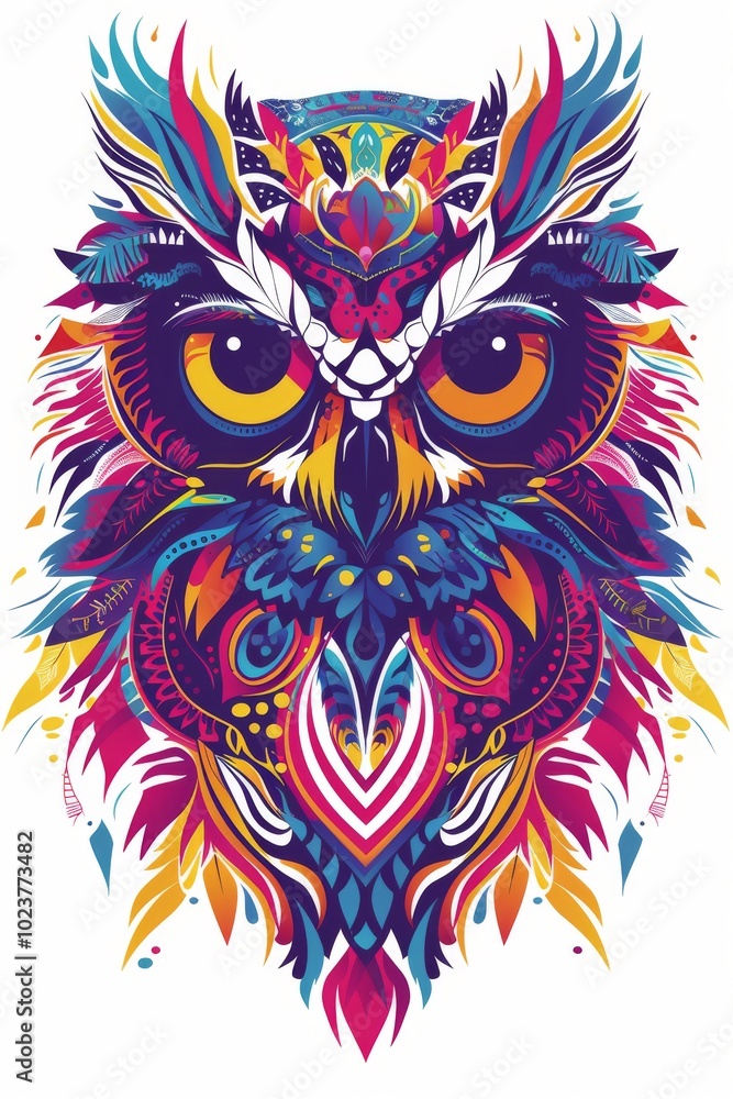 Owl head with minimalistic tribal patterns in bright colors. Owl head with minimalistic tribal patterns in bright colors.