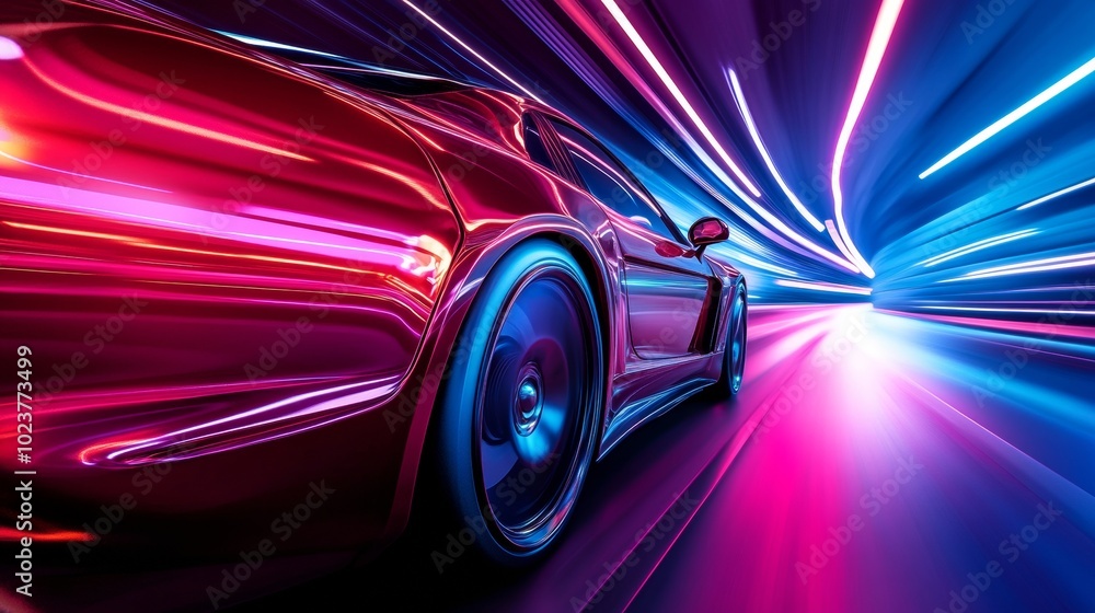 A futuristic concept car speeding along a neon-lit highway at night. A futuristic concept car speeding along a neon-lit highway at night.