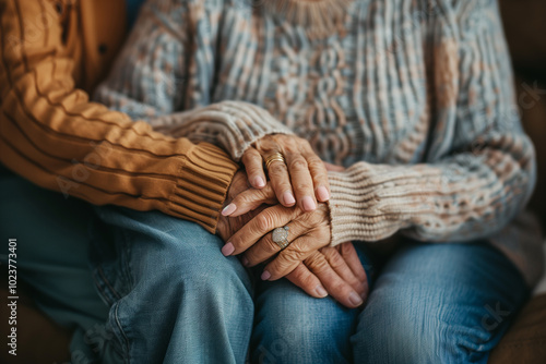 Wife emotionally supports and comforts her senior man by holding his hands