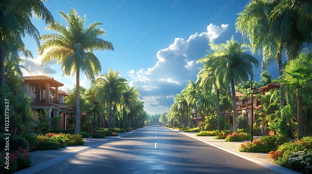A picturesque street lined with palm trees and houses, bathed in the warm glow of the setting sun. A picturesque street lined with palm trees and houses, bathed in the warm glow of the setting sun.