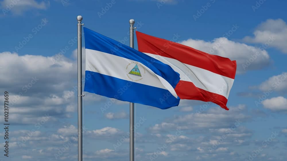 Austria and Nicaragua flags flying together, video concept of the relationship, two country relations concept Austria and Nicaragua flags flying together, video concept of the relationship, two country relations concept