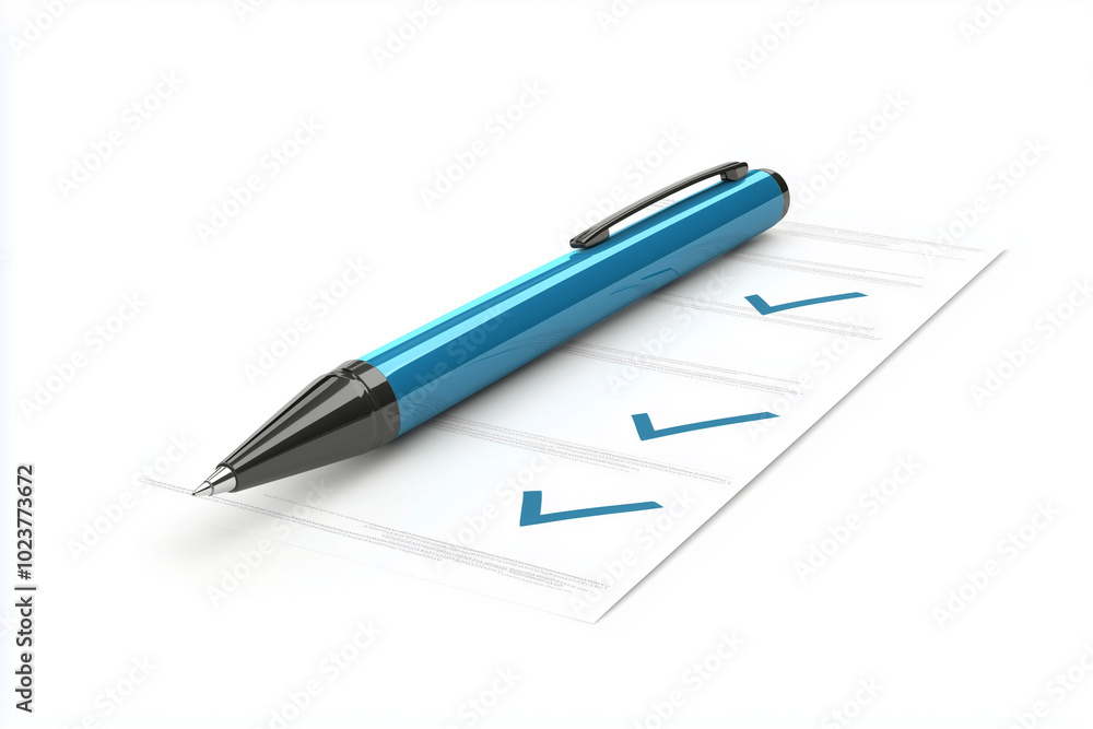 3D illustration of blue pen on checklist with two check marks isolated on white background. Detailed high resolution photo 3D illustration of blue pen on checklist with two check marks isolated on white background. Detailed high resolution photo
