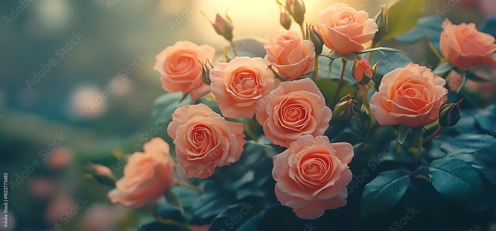 Soft peach roses bloom in sunlight. Soft peach roses bloom in sunlight.