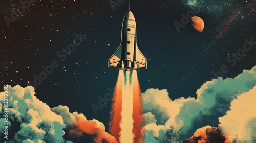 Fototapeta Naklejka Na Ścianę i Meble -  A retro-style poster of a spaceship launching into space with bold typography