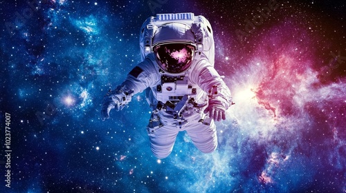 An astronaut floating in space, surrounded by stars and distant galaxies. 