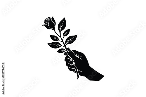  Hand hold the branch of rose silhouette black vector art illustration. 