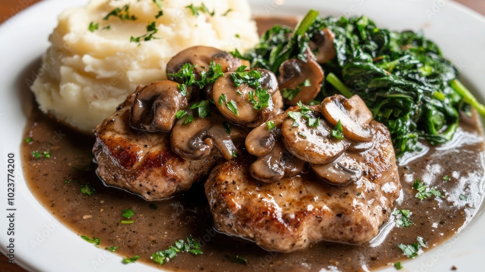 Gourmet Veal Marsala with Mushrooms, Mashed Potatoes, and Sautéed Spinach for Fine Dining Gourmet Veal Marsala with Mushrooms, Mashed Potatoes, and Sautéed Spinach for Fine Dining