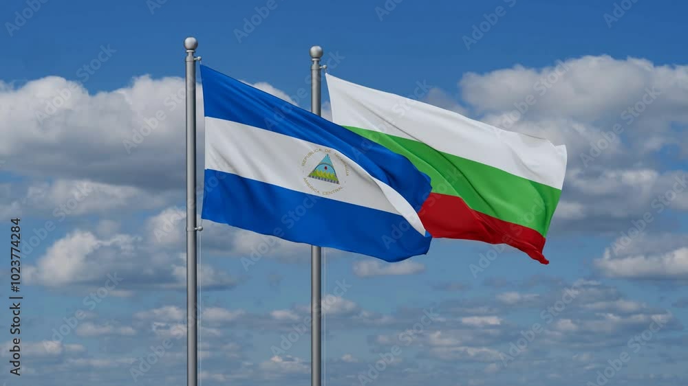 Bulgaria and Nicaragua flags flying together, video concept of the relationship, two country relations concept Bulgaria and Nicaragua flags flying together, video concept of the relationship, two country relations concept