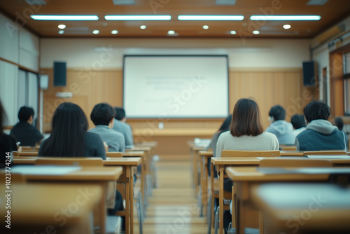 Blurred background of Japanese conference room. Group of people sitting in a university campus lecture hall doing noble research or working together at their desks. Presentation screen, hyperrealistic