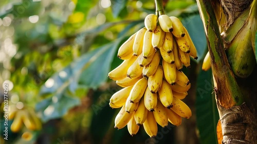 Ripe Yellow Bananas Hanging on a Banana Tree in a Tropical Setting