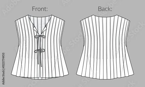 Vector sleeveless jacket with buttons and front ties fashion CAD, summer woman wrap vest technical drawing, template, flat, sketch. Linen or woven fabric blouse with front, back view, white color