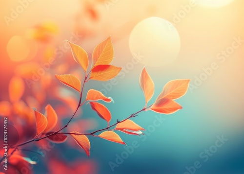 Abstract depiction of autumn nature featuring vibrant leaves illuminated by sunlight.