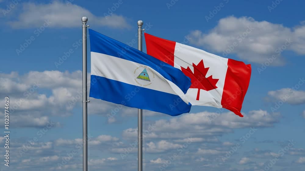 Canada and Nicaragua flags flying together, video concept of the relationship, two country cooperation concept Canada and Nicaragua flags flying together, video concept of the relationship, two country cooperation concept