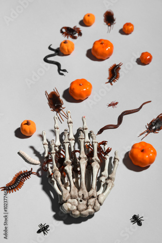 Halloween composition with skeleton hands, pumpkins and candy bugs on grey background