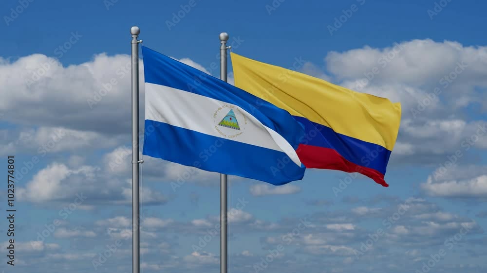 Colombia and Nicaragua flags flying together, video concept of the relationship, two country cooperation concept Colombia and Nicaragua flags flying together, video concept of the relationship, two country cooperation concept
