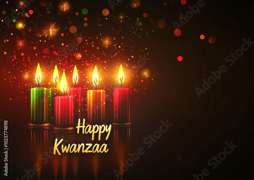 Abstract illustration featuring glowing candles with bokeh elements on a dark background, beautifully displaying the message 'Happy Kwanzaa' for festive celebrations