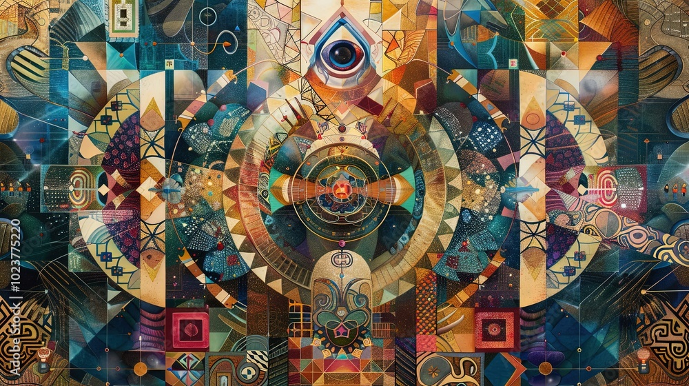 Intricate abstract artwork featuring cosmic and geometric patterns, combining vibrant colors and symbolic elements to create a mystical, surreal composition. Intricate abstract artwork featuring cosmic and geometric patterns, combining vibrant colors and symbolic elements to create a mystical, surreal composition.