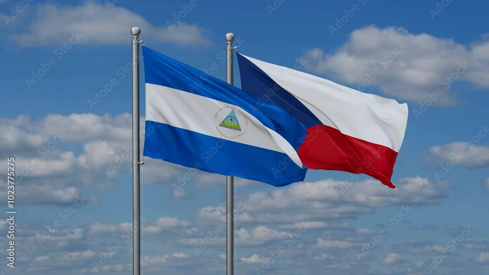Czech Republic and Nicaragua flags flying together, video concept of the relationship, two country relations concept Czech Republic and Nicaragua flags flying together, video concept of the relationship, two country relations concept