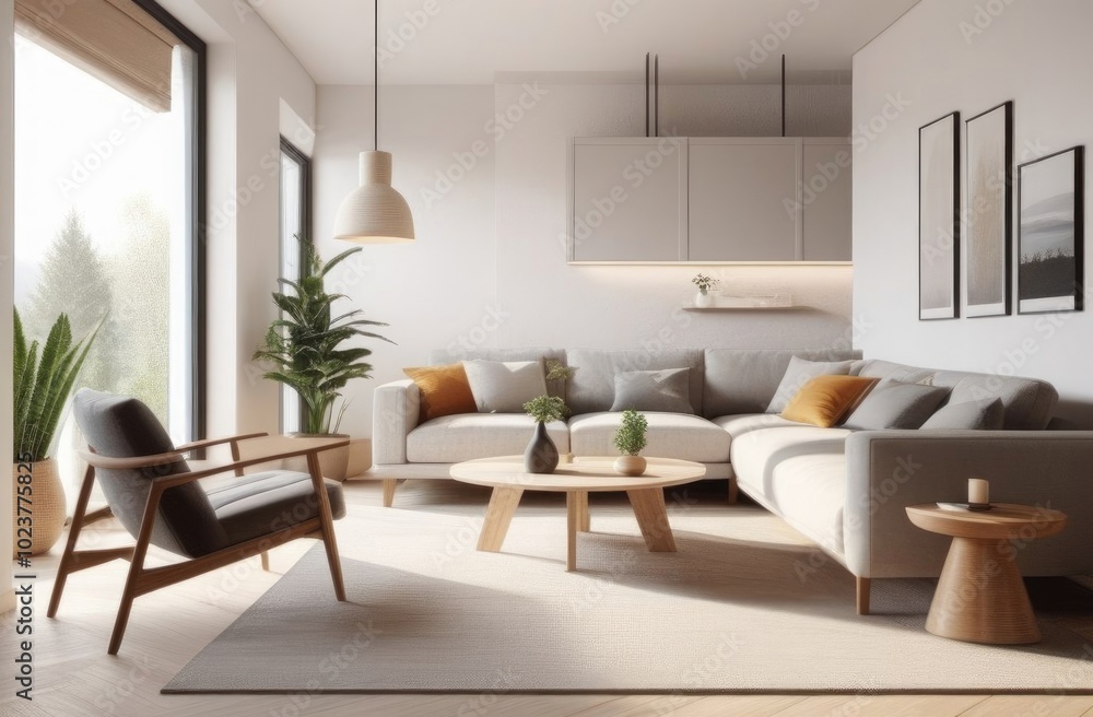 Modern living room in Scandinavian style with lots of light and wood. Interior design. Modern living room in Scandinavian style with lots of light and wood. Interior design.