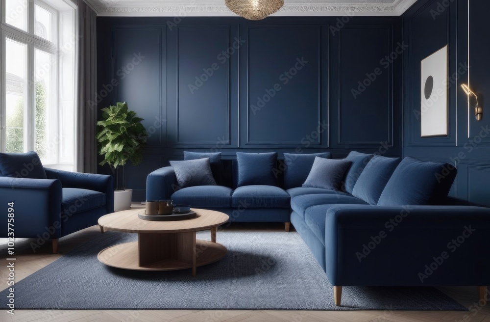 Obraz premium General plan. Dark blue sofa and recliner in a Scandinavian style living room. 
