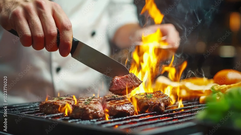 There is flames, smoke, and a lively kitchen setting as steaks are cooked on an open flame grill. There is flames, smoke, and a lively kitchen setting as steaks are cooked on an open flame grill.