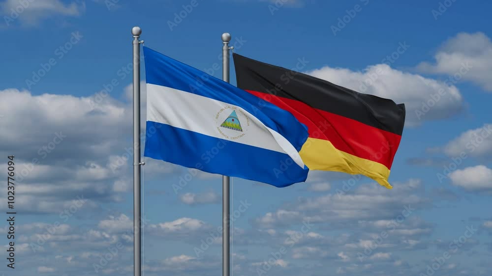 Germany and Nicaragua flags flying together, video concept of the relationship, two country relations concept Germany and Nicaragua flags flying together, video concept of the relationship, two country relations concept