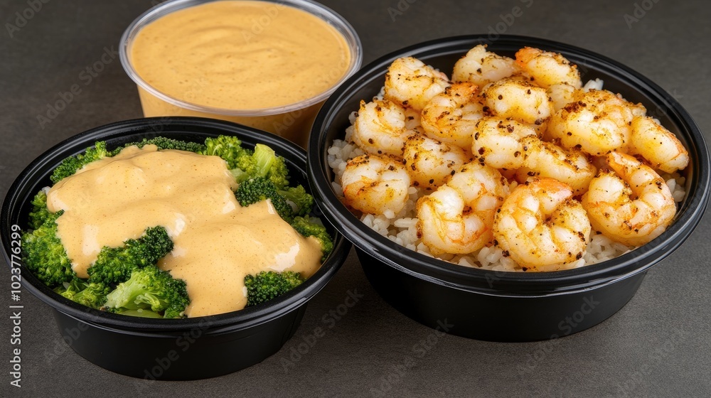 A vibrant dish featuring honey barbecue shrimp alongside fresh broccoli and rice is beautifully arranged on a dark plate, showcasing rich colors and textures A vibrant dish featuring honey barbecue shrimp alongside fresh broccoli and rice is beautifully arranged on a dark plate, showcasing rich colors and textures