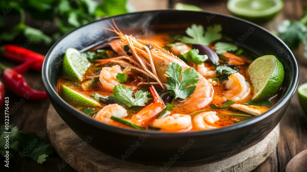 Spicy Shrimp Soup with Fresh Herbs and Lime Slices Spicy Shrimp Soup with Fresh Herbs and Lime Slices