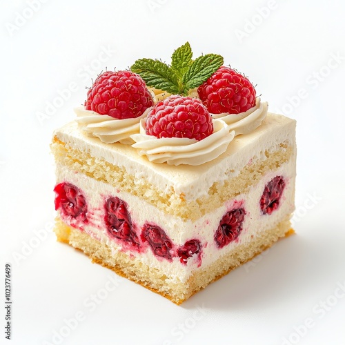 Shortcake with fluffy layers of cake and vibrant raspberry topping isolated on a white background.