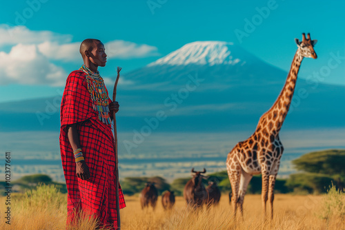 
collage of Tanzania’s culture and nature, Serengeti plains with elephants, Mount Kilimanjaro, Maasai tribe, Zanzibar spices, and traditional dhow boats
 photo