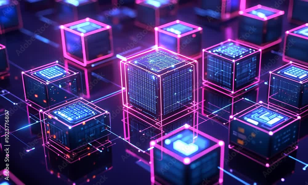 A glowing, futuristic cube sits on a circuit board. background with circuit board. A glowing, futuristic cube sits on a circuit board. background with circuit board.